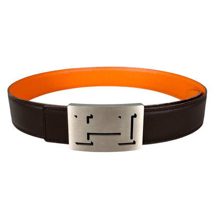 Hermes Belt Lucky Metal Leather Orange Dark Brown Silver